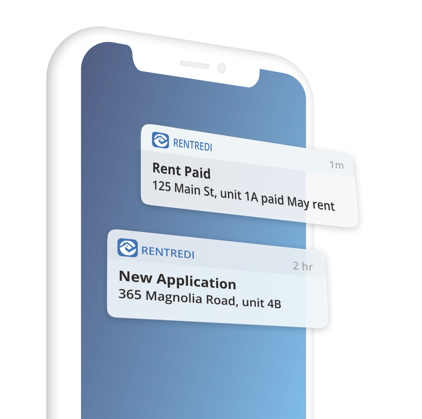 image shows iphone with a notification about paid rent from rentredi app