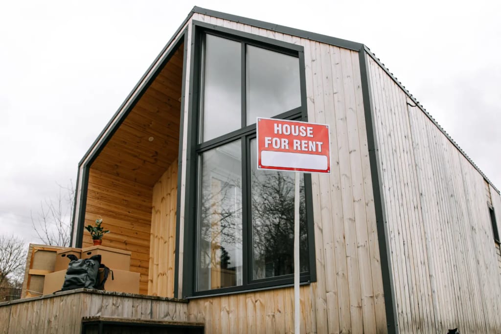 property management modern wooden house exterior with house for rent sign displayed near large window