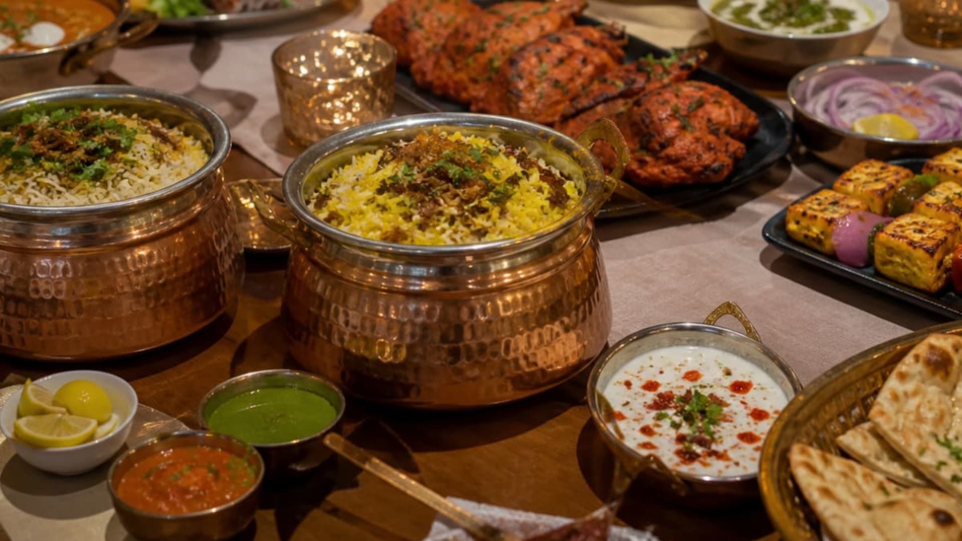 Family-style biryani, tandoori and curry spread at Bawarchi Biryani Miami