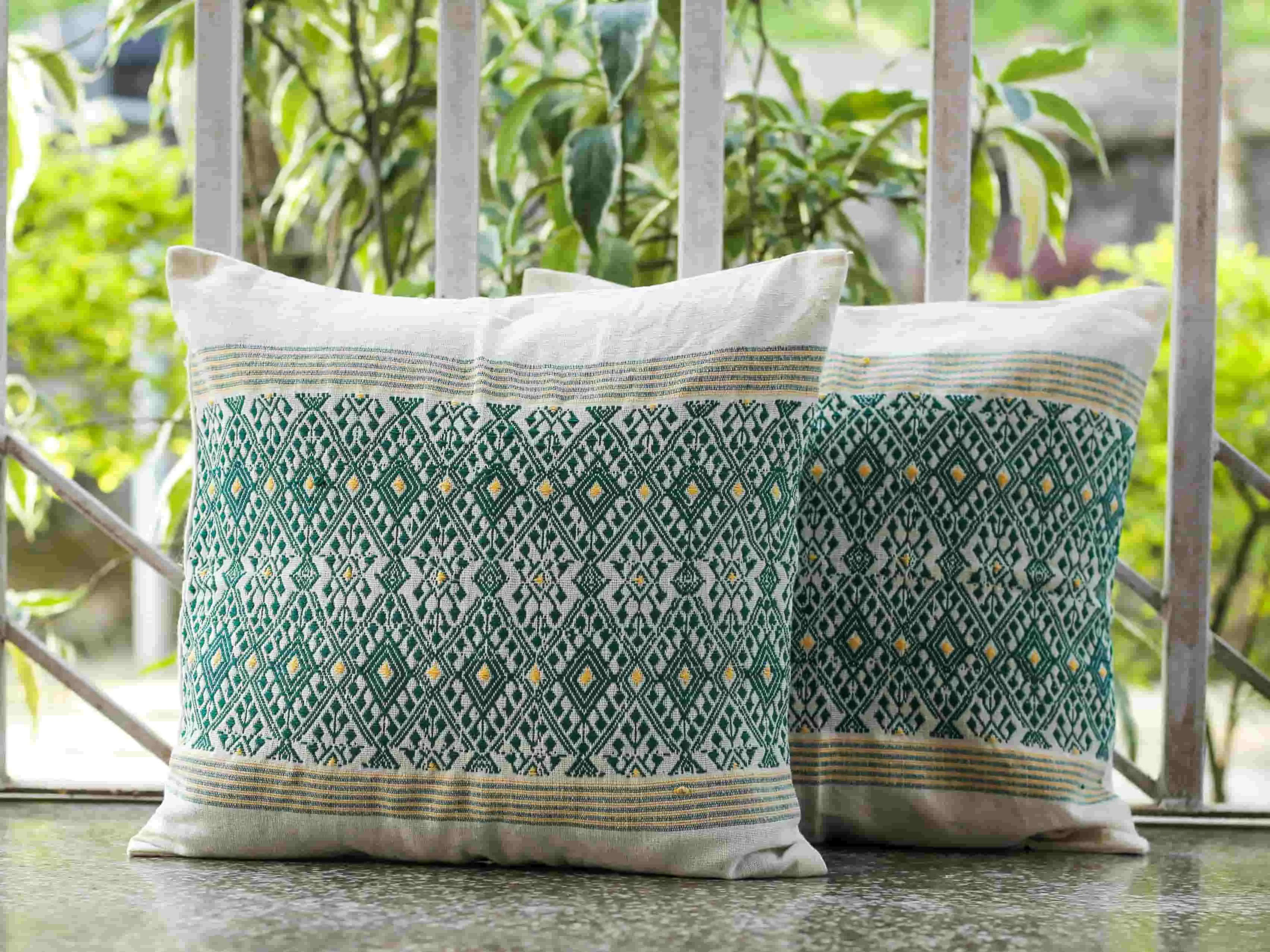 Emerald and white Handloom Cushion Cover