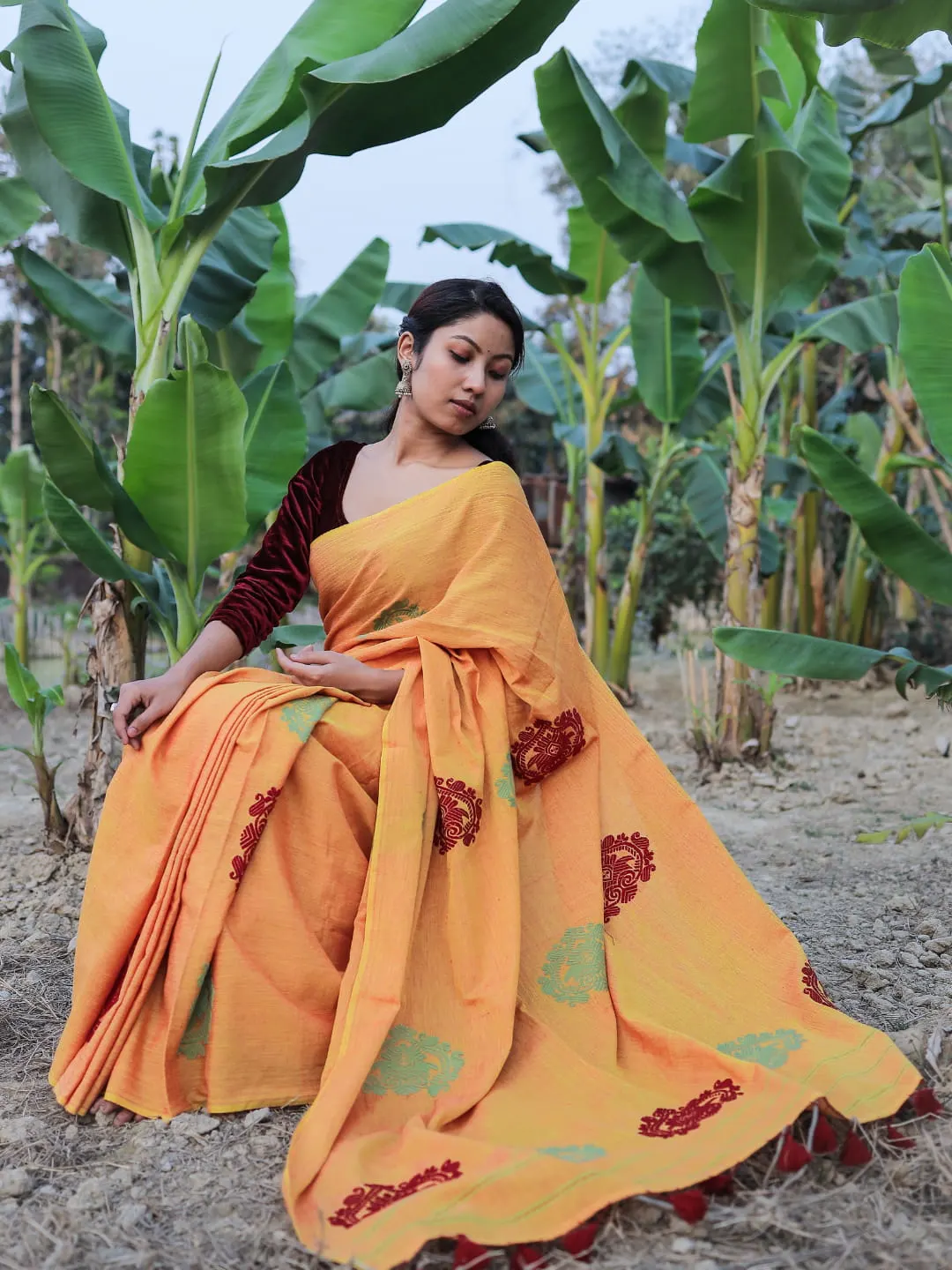 Marigold Motif Cotton Handloom Saree