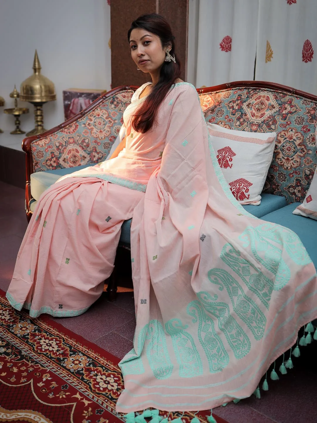 Peach Mint Paisley Cotton Handloom Saree