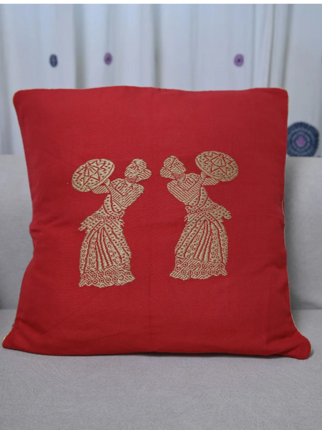 Bihu Nasoni Handloom Cushion Cover in Red & Gold
