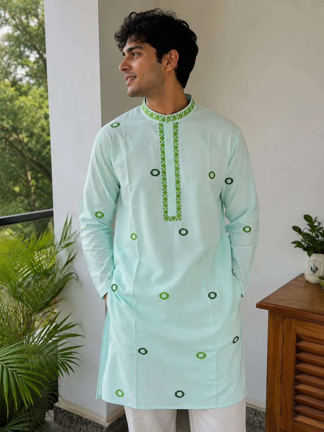 Mint Green Handloom Cotton Kurta with Floral Motifs