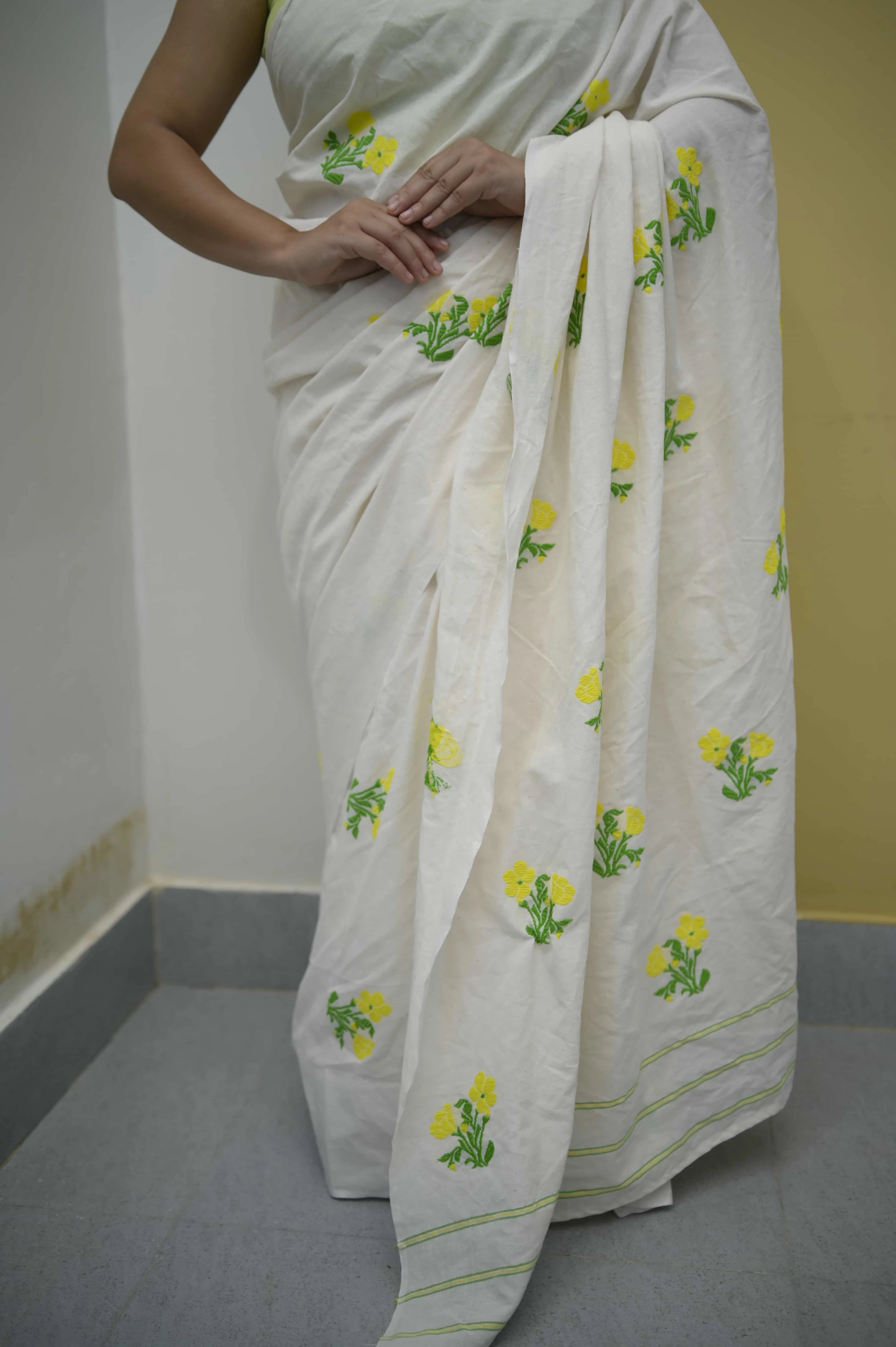 Abha : Assamese Handloom White Cotton Saree with Yellow Floral Buta
