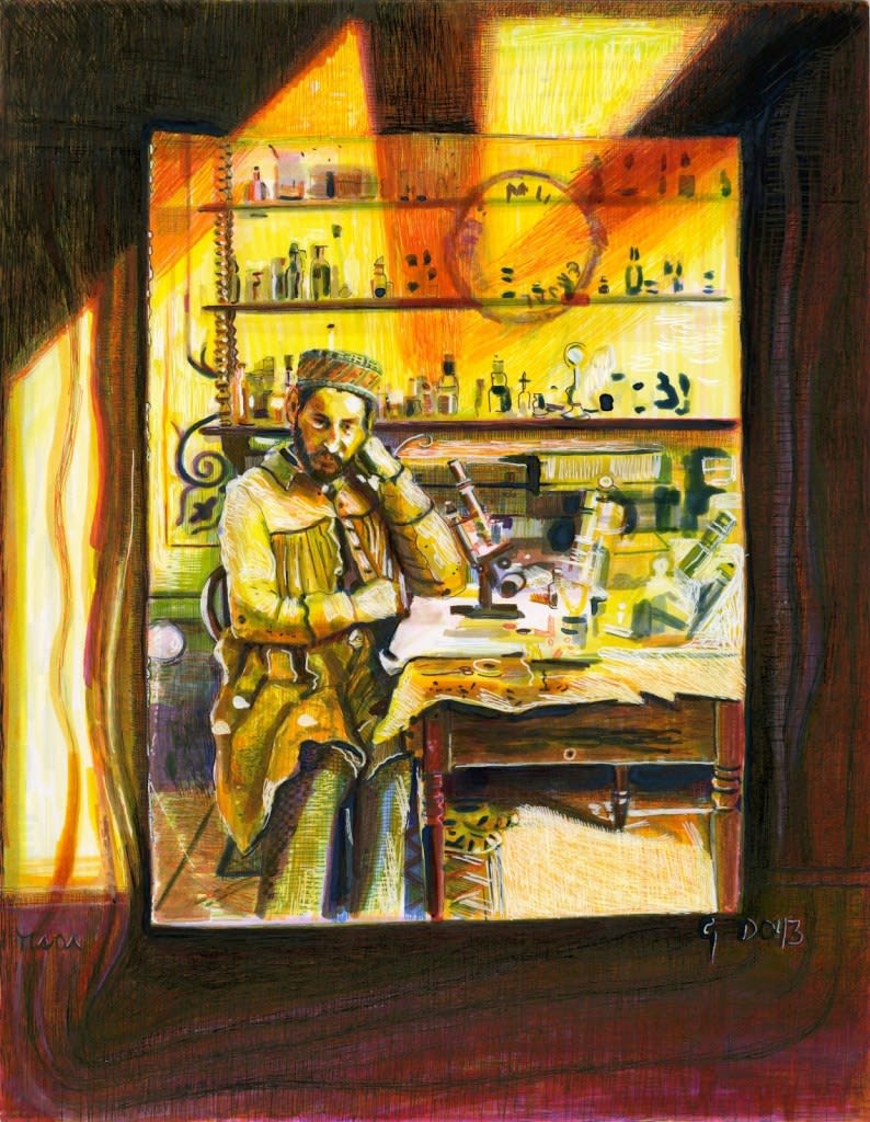 Dawn Hunter, Drawing of Cajal’s Black and White self-portrait, marker and pen on paper, 11” x 14.”