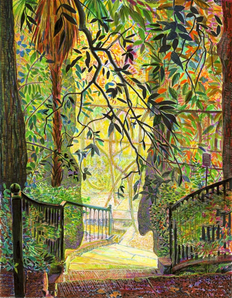 Dawn Hunter, Two Cajals in the Real Jardín Botánico de Madrid, pen, ink and acrylic on paper, 11" x 14." (This work was created by casting shadows from the original mold of Cajal’s death mask and then juxtaposing it with a Plein air drawing of the Real Jardín Botánico de Madrid).