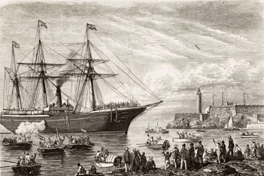 Una tropa española de refuerzo llegando en un vapor al puerto de La Habana, Cuba, el 15 de octubre de 1875, durante la guerra de los Diez Años. La Ilustración Española y Americana