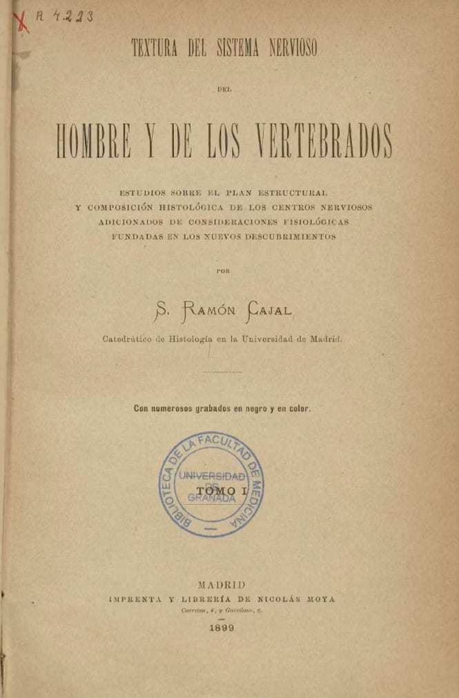 Textura del sistema nervioso del hombre y los vertebrados. Portada del tomo I (1899).