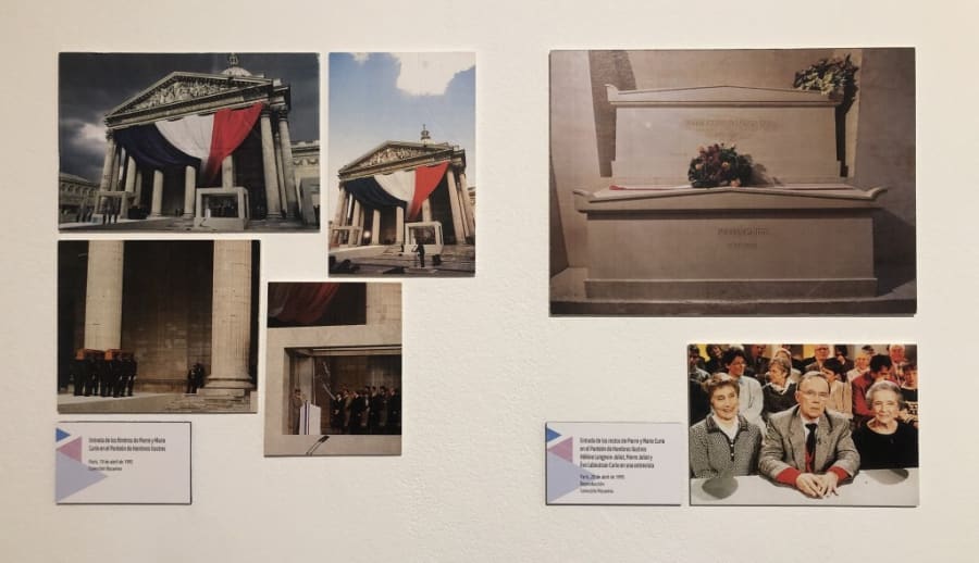 Conjunto de fotografías de la ceremonia de inhumación de Marie y Pierre Curie en el Panteón de París, mostrando el monumento decorado con banderas francesas y la lápida que lleva sus nombres.