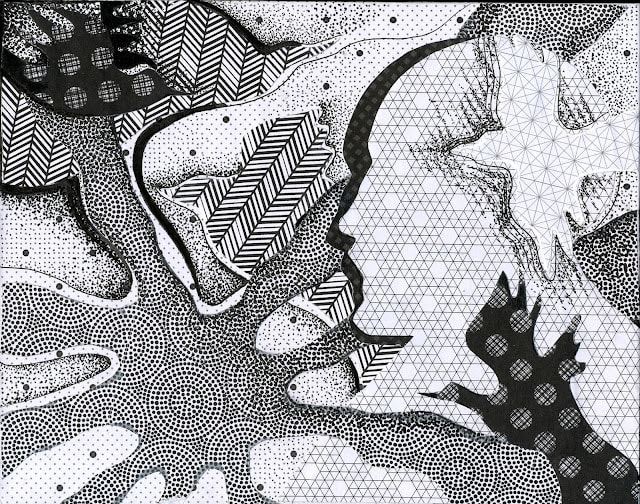 Retrato de Santiago Ramón y Cajal de mi cuaderno de bocetos hecho a mano. Pluma, tinta y collage sobre papel.
