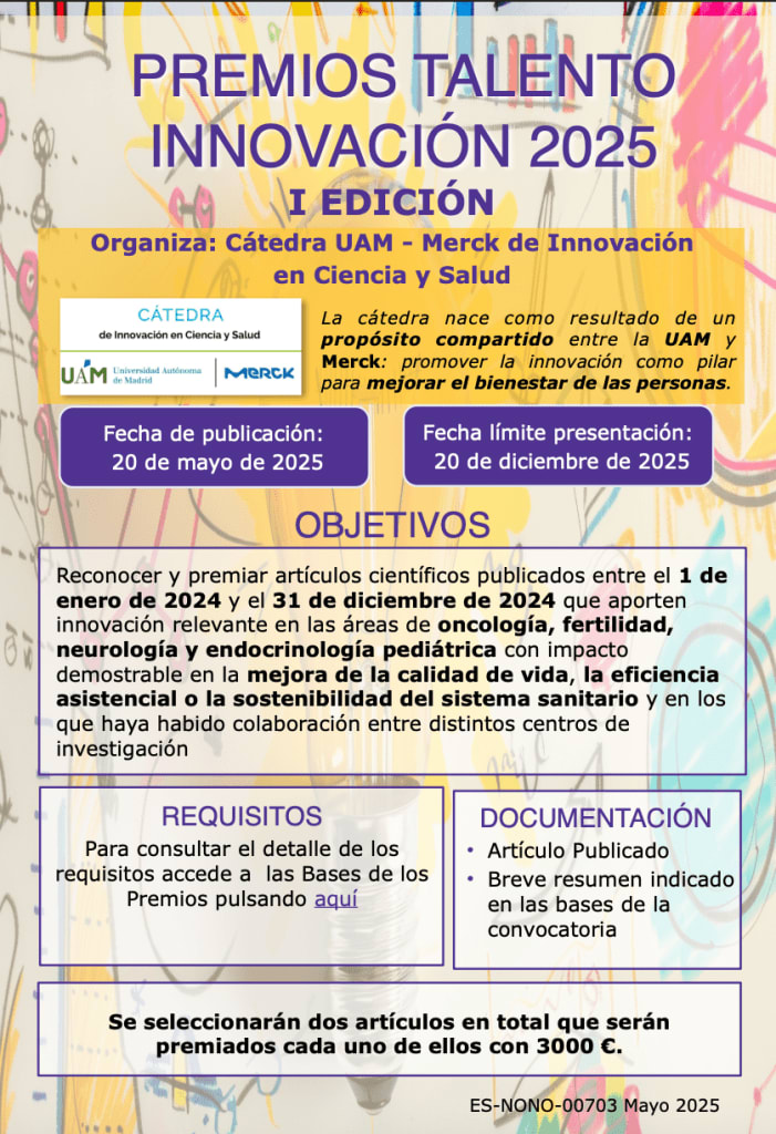 Infografía sobre los Premios Talento Innovación 2025, organizada por la Cátedra UAM - Merck de Innovación en Ciencia y Salud, destacando fechas y objetivos del premio.