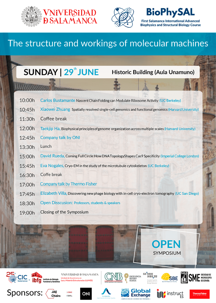 Cartel del simposio inaugural del curso BioPhySAL en la Universidad de Salamanca, con el título 