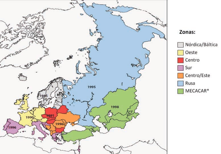 Mapa de Europa con diferentes regiones coloreadas según zonas de intervención y políticas sanitarias en relación a la poliomielitis.