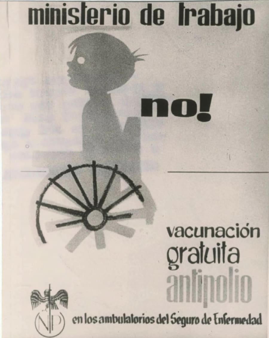 Propaganda del Ministerio de Trabajo de
la vacunación contra la poliomielitis con vacuna
inyectable Salk en los locales del seguro obligatorio
de enfermedad cuando trataba de competir con la
iniciativa que se preparaba desde la Dirección General
de Sanidad (Ministerio de Gobernación) para
efectuar una campaña nacional de vacunación con
la vacuna oral de Albert Sabine. Fecha: 6 de febrero
de 1963. Ministerio de Cultura y Deporte. Archivo
General de la Administración. Fondo Medios de Comunicación
Social del Estado, IDD (03)082.000, caja
F/01494, sobre 32.