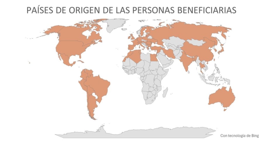 Mapa mundial que muestra los países de origen de las personas beneficiarias del Programa Ramón y Cajal, resaltando en color naranja las naciones involucradas.