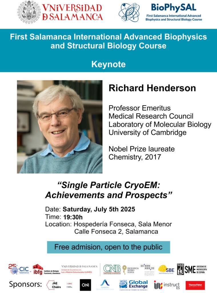 Cartel del Curso Internacional Avanzado de Biofísica y Biología Estructural de Salamanca, destacando la conferencia principal de Richard Henderson, laureado con el Premio Nobel.