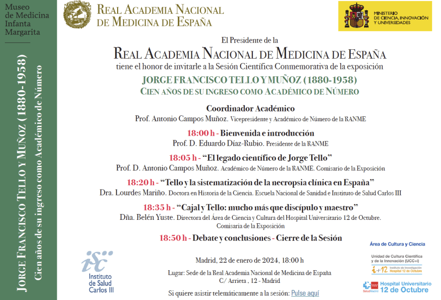 Cartel informativo sobre la sesión científica conmemorativa de Jorge Francisco Tello y Muñoz, organizado por la Real Academia Nacional de Medicina de España. Incluye detalles sobre los ponentes, horarios y lugar del evento.