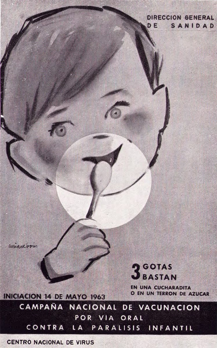 Cartel de la campaña nacional de vacunación contra la poliomielitis en España, 1963. Muestra un niño sonriente sosteniendo una cuchara con gotas de vacuna.