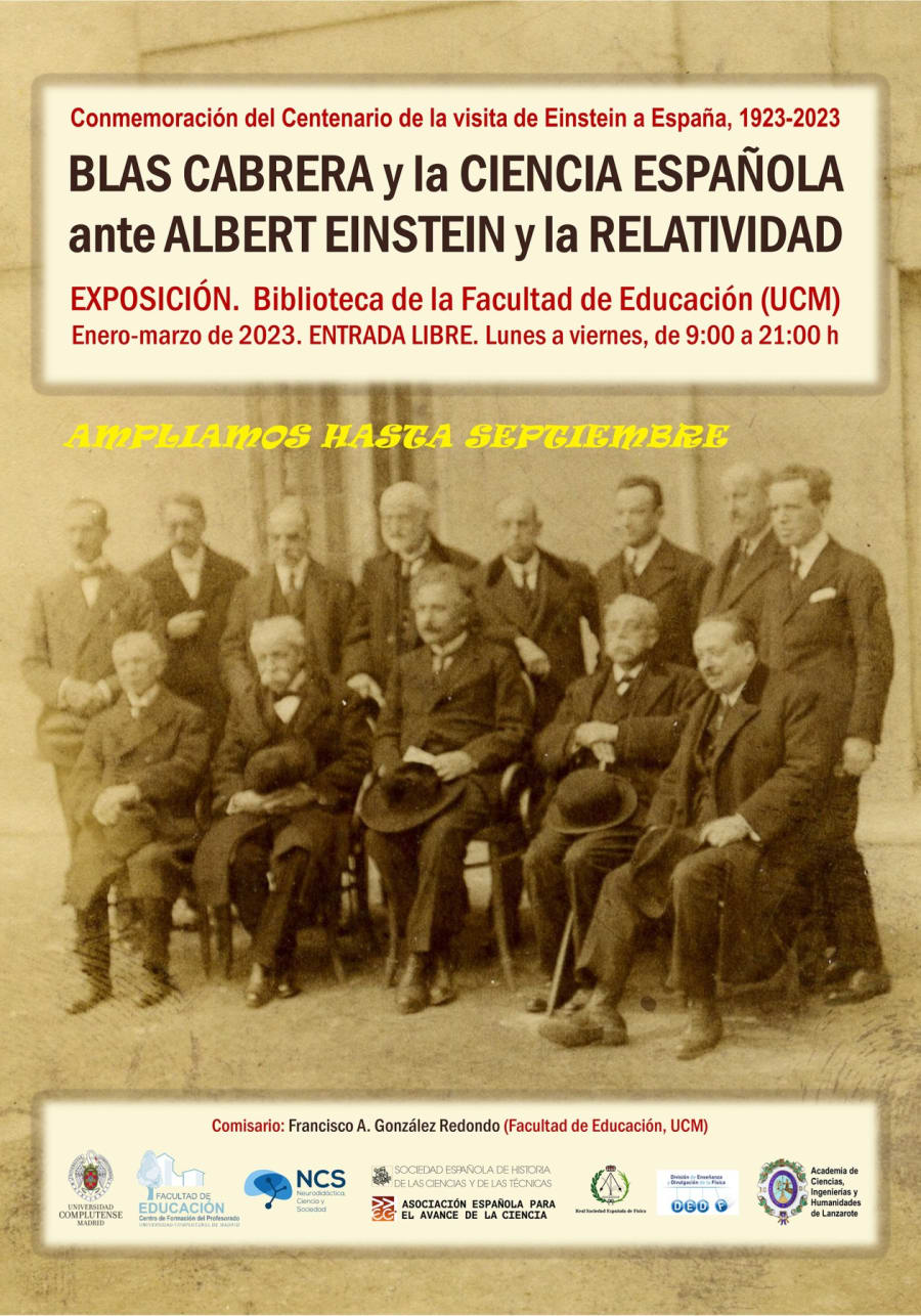 Cartel de la exposición sobre Blas Cabrera y la ciencia española ante Albert Einstein y la relatividad, con detalles de fecha, lugar, y un aviso sobre la ampliación hasta septiembre.