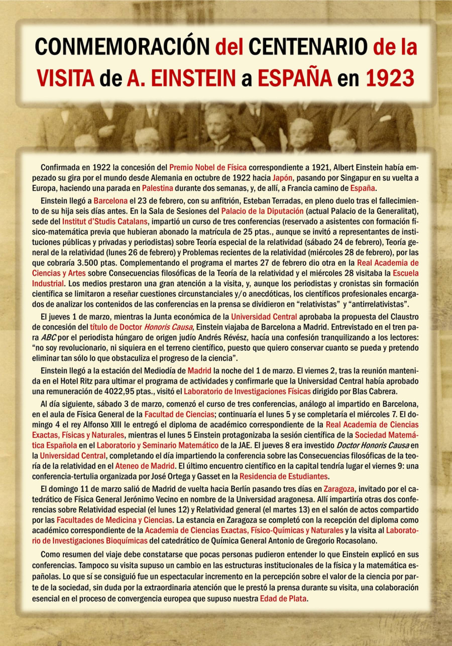 Un cartel que conmemora el centenario de la visita de Albert Einstein a España en 1923, con información sobre su llegada, conferencias y otros acontecimientos relacionados.