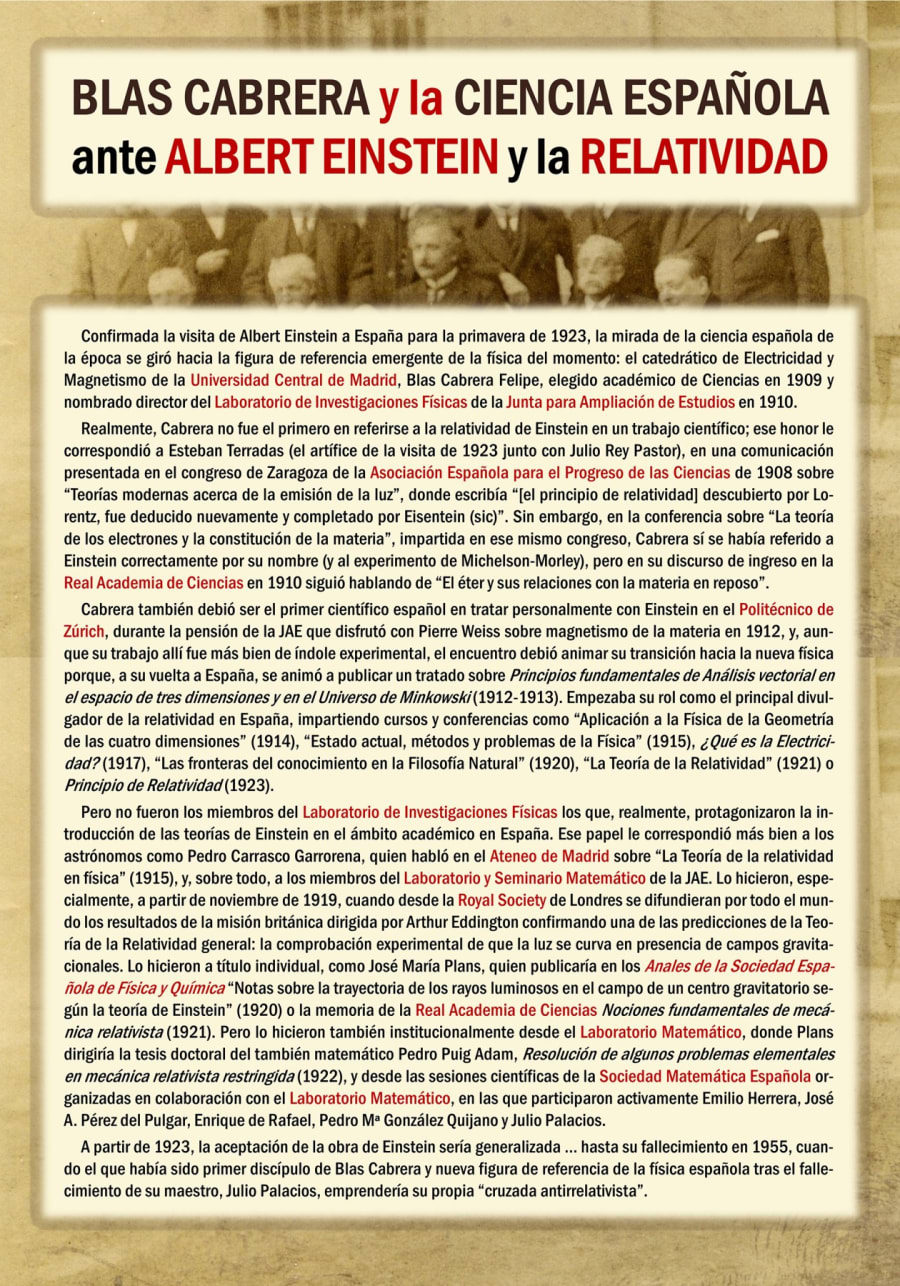Imagen que presenta a Blas Cabrera, destacado físico español, en un evento relacionado con Albert Einstein y la relatividad. La foto muestra a un grupo de personas en un ambiente académico, reflejando la importancia de la ciencia en España durante la época.