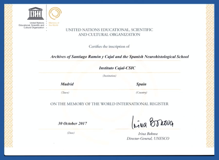 Diploma Archivo Unesco de Santiago Ramón y Cajal