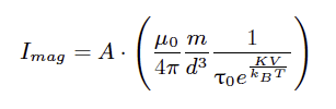 Ecuación que muestra la corriente inducida por partículas de magnetita en el cerebro humano, ilustrando la relación entre propiedades magnéticas y actividad neuronal.