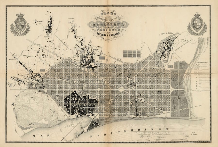Barcelona proyecto de su reforma y ensanche. Plan de los alrededores de la ciudad de Barcelona y del proyecto para su mejora y ampliación de Ildefonso Cerdá y Suñer (1859). Paradigma de los ensanches decimonónicos en España.
