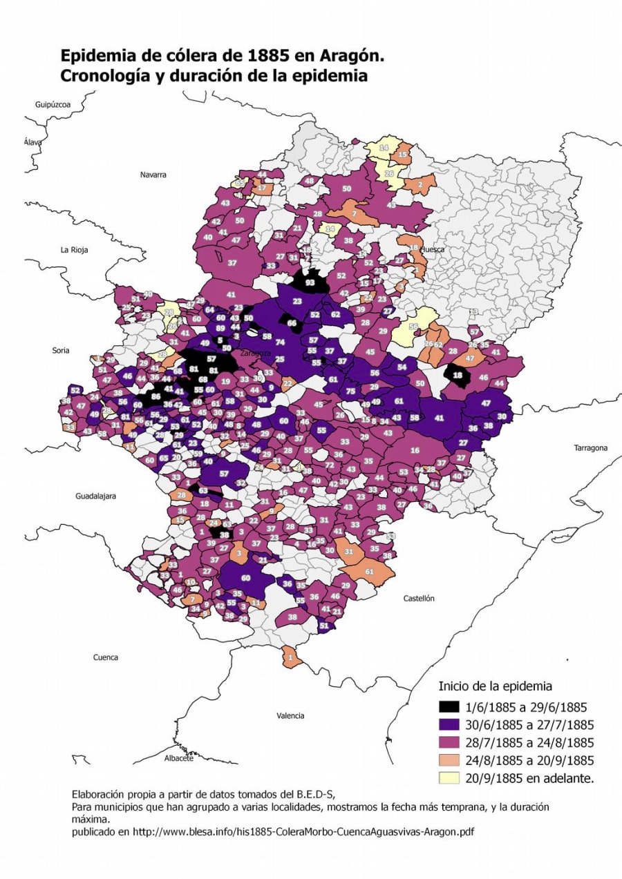 Mapa. Inicio de la epidemia, en el ámbito de la Aragón. Elaboración de Fco. Javier Lozano-Allueva a partir de los datos oficiales del Boletín de Estadística Sanitario-Demográfica de 1887.