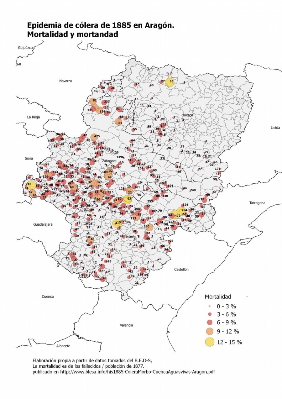 Mapa. Mortalidad y mortandad en el ámbito de la Aragón. Elaboración de Fco. Javier Lozano-Allueva a partir de los datos oficiales del Boletín de Estadística Sanitario-Demográfica de 1887.