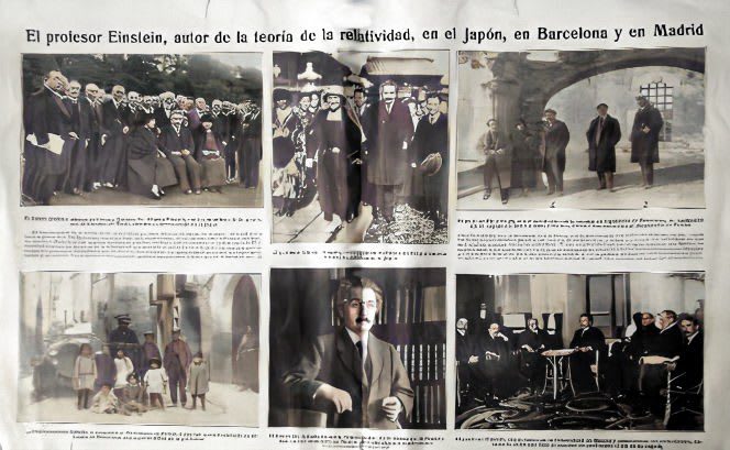 Collage de imágenes de Albert Einstein durante su visita a Japón, Barcelona y Madrid, destacando su importancia como autor de la teoría de la relatividad.