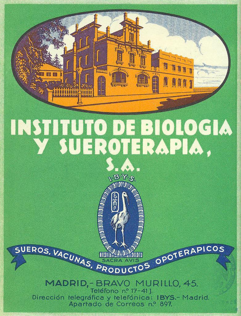 Cartel antiguo del Instituto de Biología y Sueroterapia IBYS, con ilustraciones del edificio y el logo del instituto, destacando su enfoque en sueros, vacunas y productos farmacéuticos. Se muestra la dirección y contacto en Madrid.