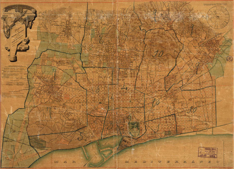 Plano de Barcelona y sus alrededores en 1890 aprobado por el Exemo. Ayuntamiento en sesion del dia 13 de enero de 1891. Apéndice nº1 (a) / trazado por D. J.M. Serra.