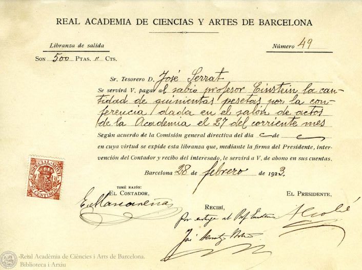 Recibo de la Real Academia de las Ciencias y Artes de Barcelona