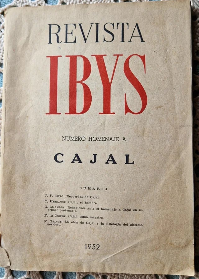Portada de la revista IBYS de 1952, dedicada a Santiago Ramón y Cajal. Presenta el título 