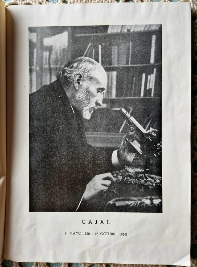 Retrato de Santiago Ramón y Cajal, el notable neurocientífico español, observando a través de un microscopio, acompañado de una bibliografía que destaca su vida y obra.