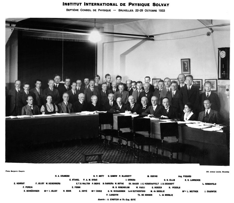 Fotografía en blanco y negro del Séptimo Consejo de Física del Instituto Internacional de Física Solvay, celebrado en Bruselas del 22 al 29 de octubre de 1933. La imagen muestra a un grupo de científicos, incluyendo a numerosas figuras destacadas de la física, posando en un salón con una mesa de conferencias. También hay una serie de retratos en la pared y una lámpara sobre la mesa.