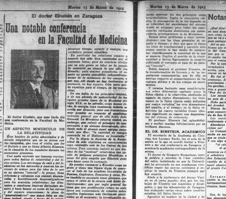 Reseña de la visita de Einstein a Zaragoza publicada en el diario «El Noticiero» el martes 13 de marzo de 1923 (Imagen del Ayuntamiento de Zaragoza /zaragoza.es)
