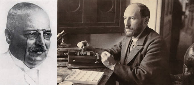 Retrato de dos célebres científicos en la historia de la neurociencia, uno a la izquierda con gafas y un estilo más formal, y el otro a la derecha en un ambiente de laboratorio, dedicándose a la investigación.