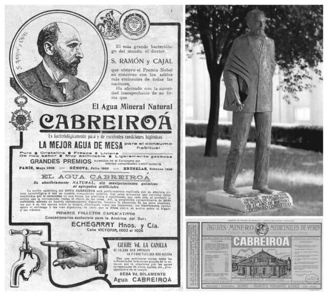 Collage que muestra un anuncio histórico del agua mineral Cabreiroá con una imagen de Santiago Ramón y Cajal, una estatua de Ramón y Cajal y otro anuncio en la parte inferior derecha.