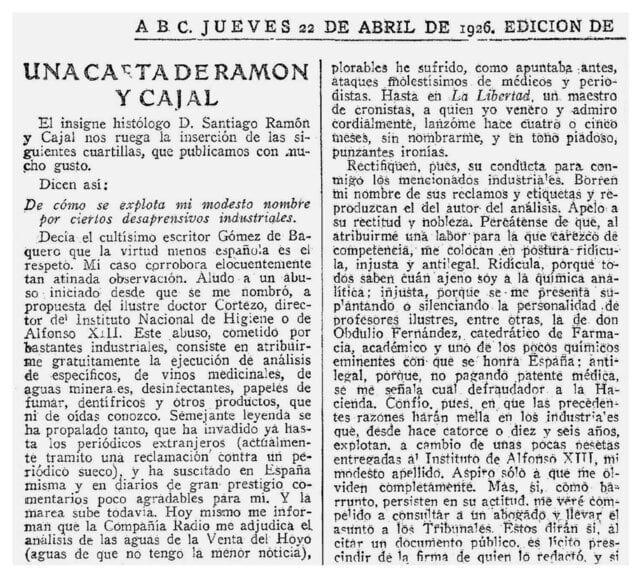 Un artículo de periódico de 1926 que menciona a Santiago Ramón y Cajal, hablando sobre la explotación de su nombre para fines industriales y relacionados con la salud.