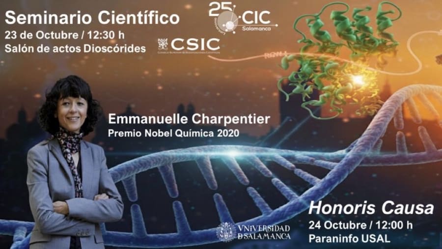Imagen promocional del seminario científico con Emmanuelle Charpentier, Premio Nobel de Química 2020, en la Universidad de Salamanca. El fondo muestra una representación gráfica de ADN y el evento está programado para el 23 de octubre a las 12:30 h.