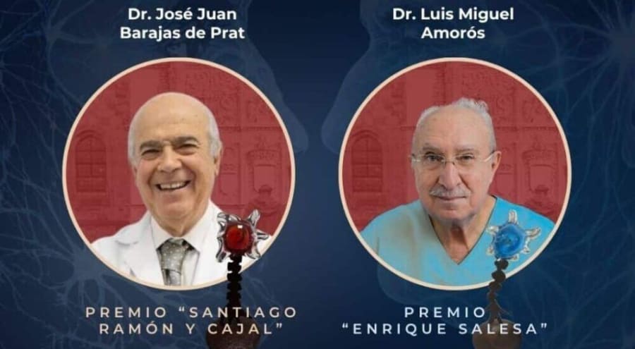 Retrato de los doctores José Juan Barajas de Prat y Luis Miguel Amorós, homenajeados con los premios Santiago Ramón y Cajal y Enrique Salesa, respectivamente. En el fondo se aprecian elementos relacionados con la neurociencia.
