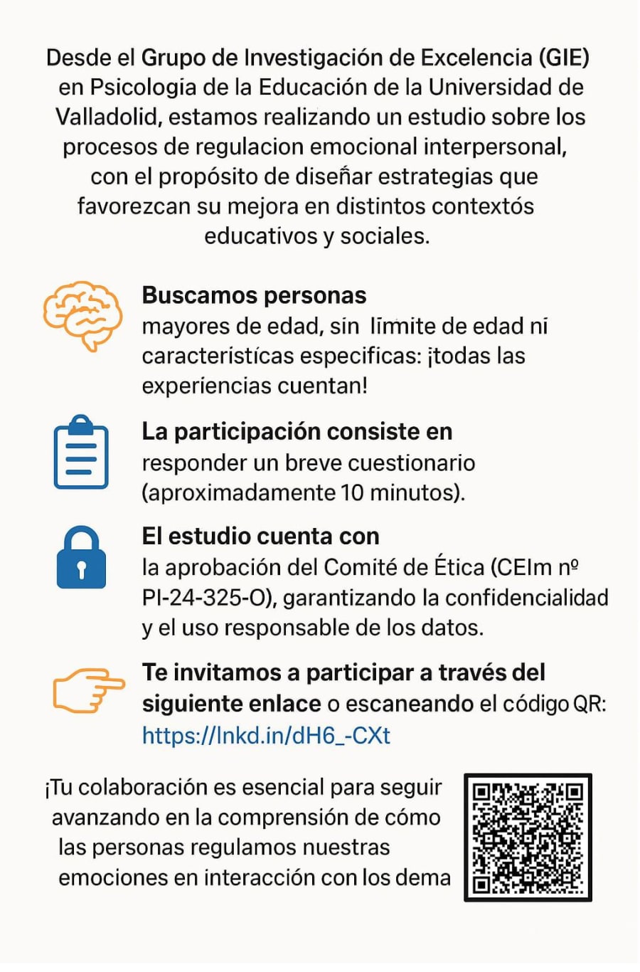 Imagen de un comunicado del Grupo de Investigación de Excelencia (GIE) en Psicología de la Educación de la Universidad de Valladolid, invitando a la participación en un estudio sobre la regulación emocional interpersonal. Incluye detalles sobre la participación y un código QR para acceder al cuestionario anónimo.
