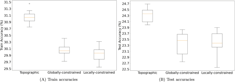 Gráfico de caja que muestra la precisión de entrenamiento y prueba para modelos topográficos y modelos con restricciones globales y locales, indicando porcentajes de precisión en el eje vertical.