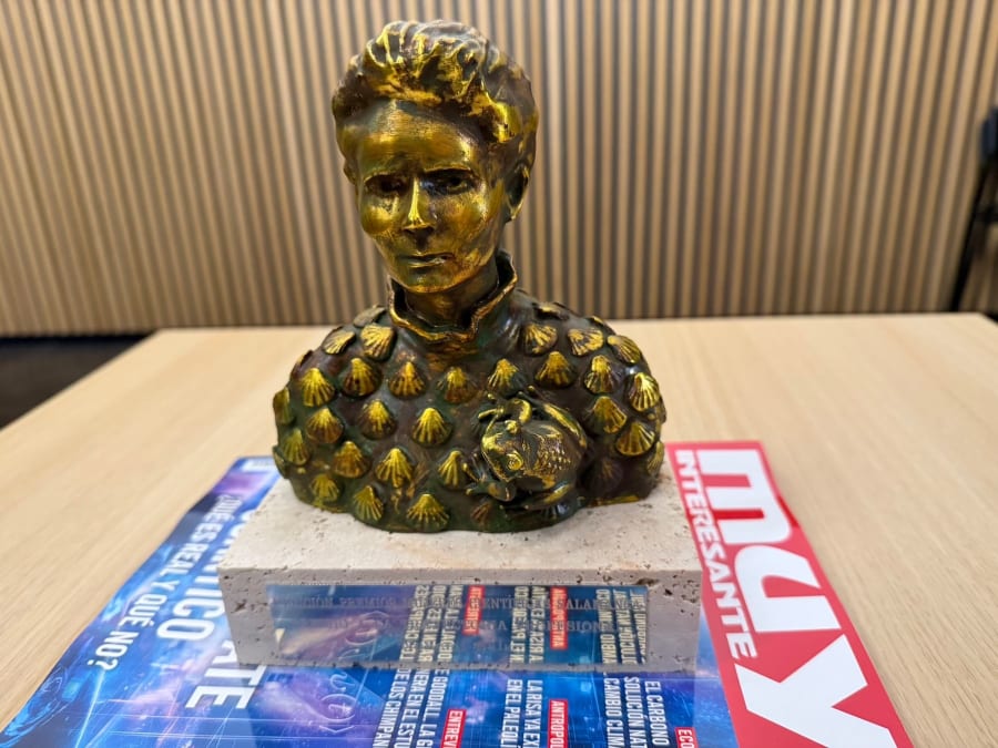 Busto dorado de una figura con conchas en la parte superior, sobre una base de piedra, ubicado sobre una revista de ciencia.
