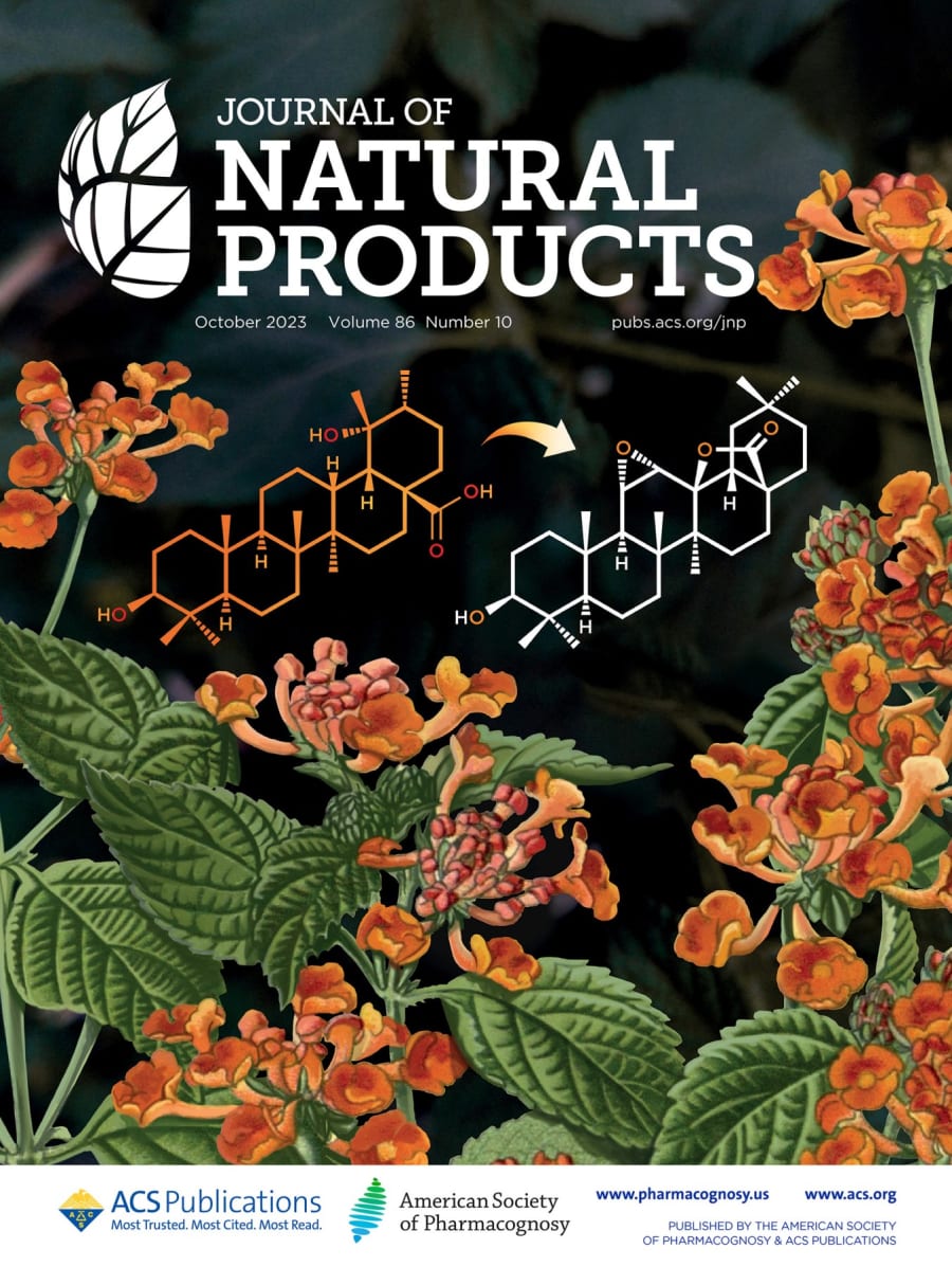 Portada de la revista Journal of Natural Products, con flores naranjas de un fondo verde, mostrando estructuras químicas entre las ilustraciones.