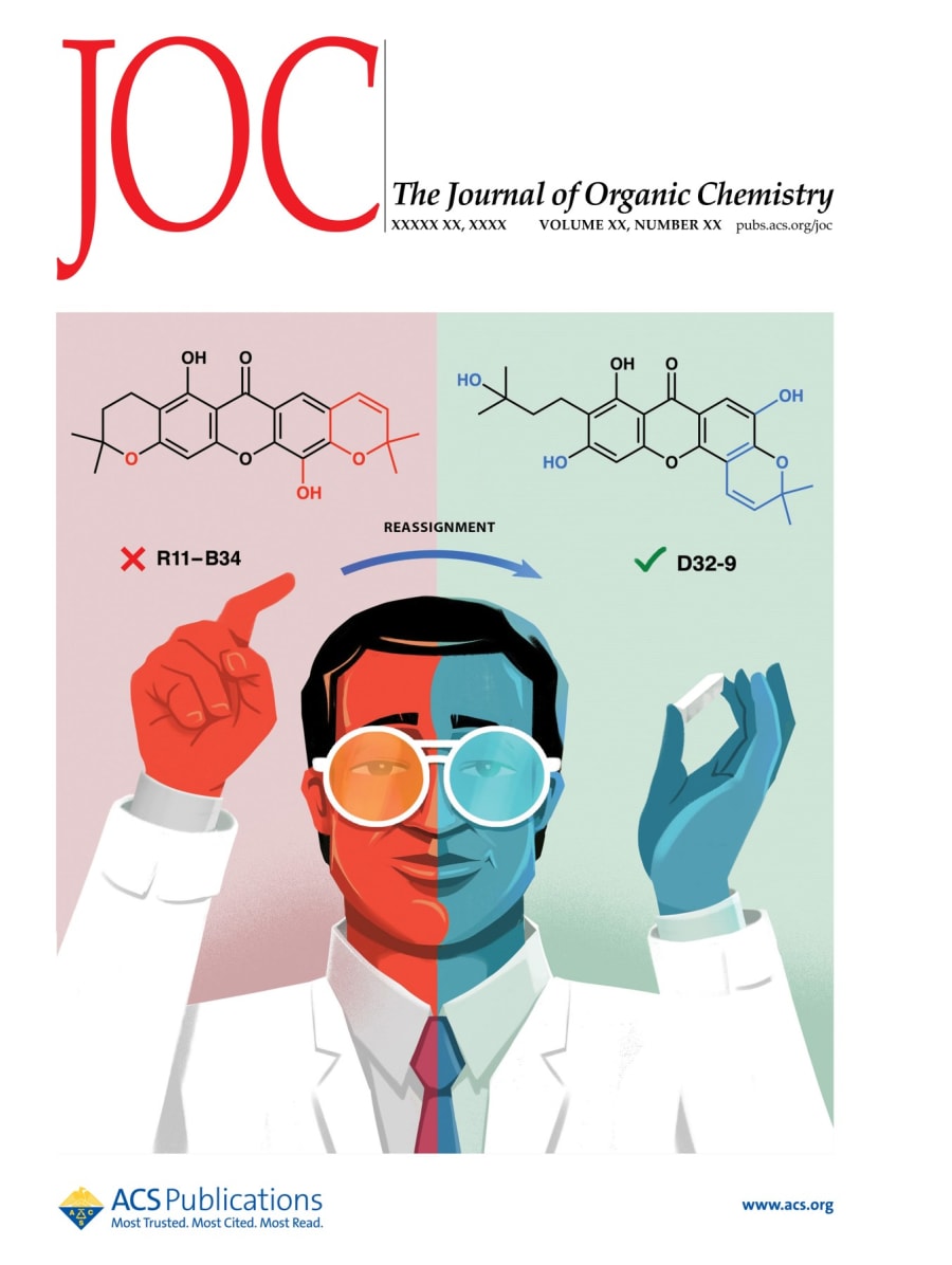 Imagen destacada de portada de la revista The Journal of Organic Chemistry, mostrando una representación gráfica de la reestructuración de compuestos químicos, dividida en dos mitades con diferentes colores y estructuras moleculares.