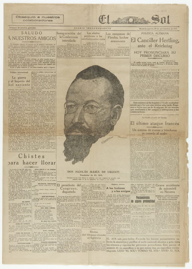 Primer ejemplar de prueba del periódico “El Sol”, realizada el 29 de noviembre de 1917. Más información: https://www.comunidad.madrid/archivos/index.php/es/actividades/documentos-en-la-onda/item/2601-documentos-en-la-onda-2018